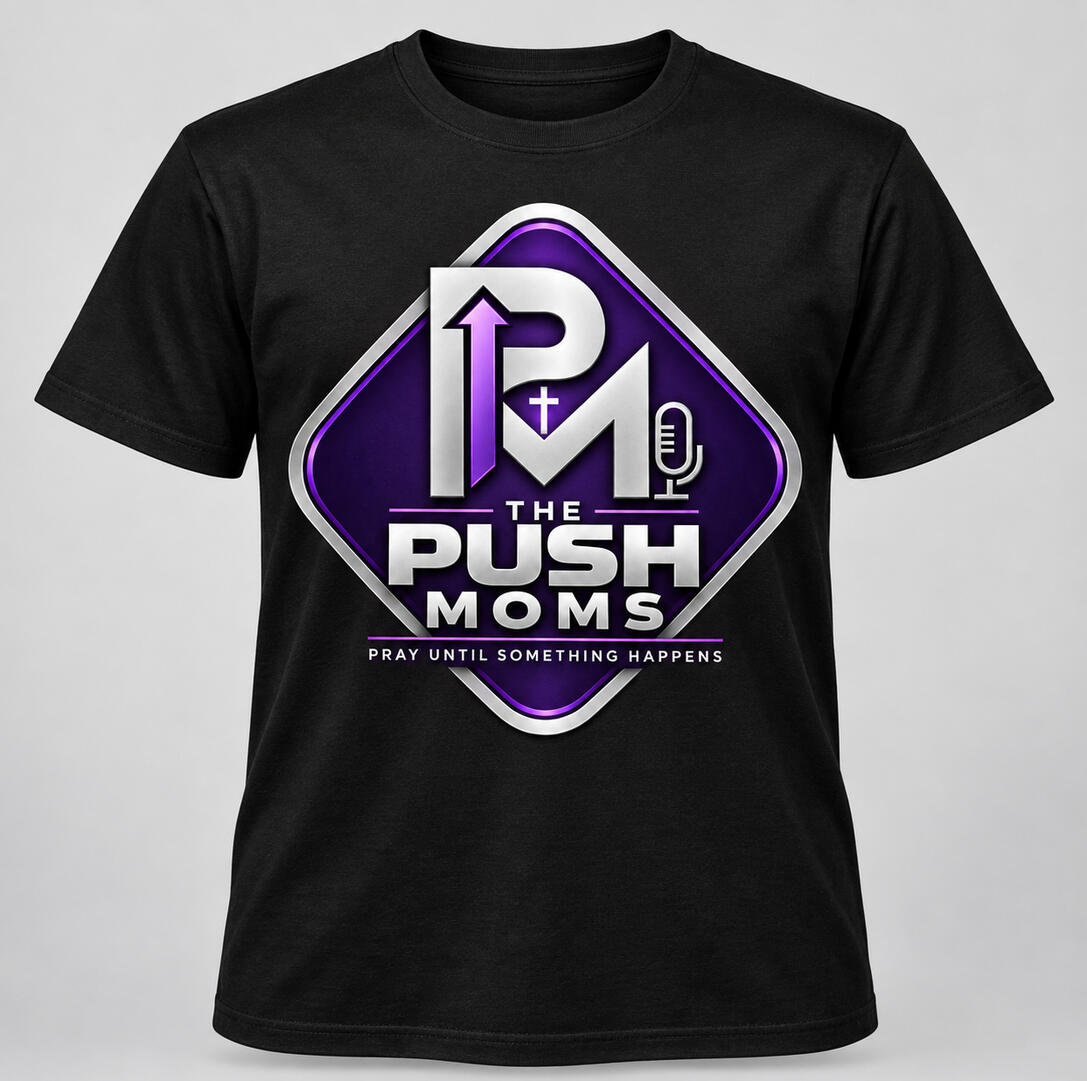 Black T-shirt featuring The Push Moms purple and silver podcast logo