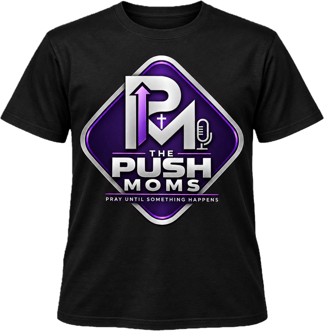 The Push Moms Podcast T-Shirt Black T-shirt featuring The Push Moms purple and silver podcast logo